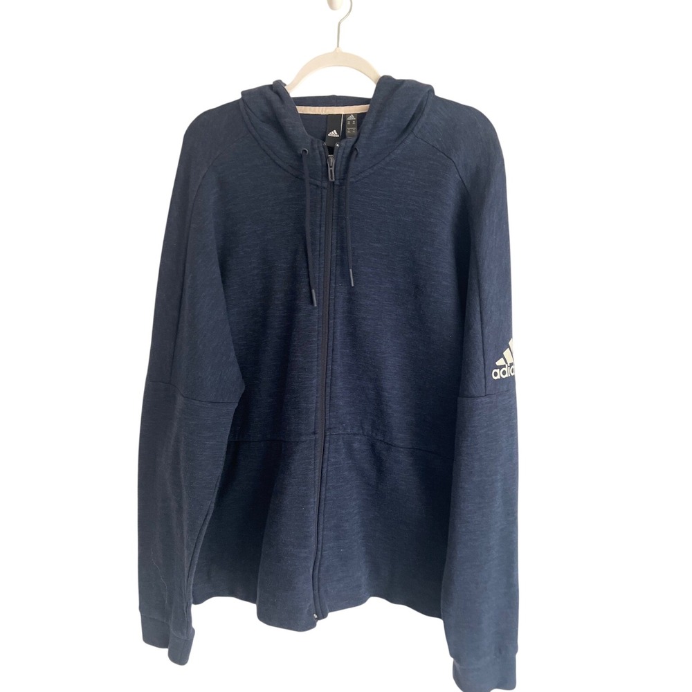 Adidas Mens 2XL Full Zip Hoodie Navy Blue Heathered Athletic Jacket Logo Sleeve